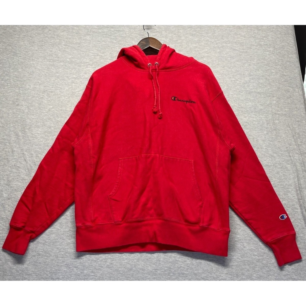 Champion Reverse Weave Hoodie Mens L Red Embroidered Script Logo Cotton Ribbed